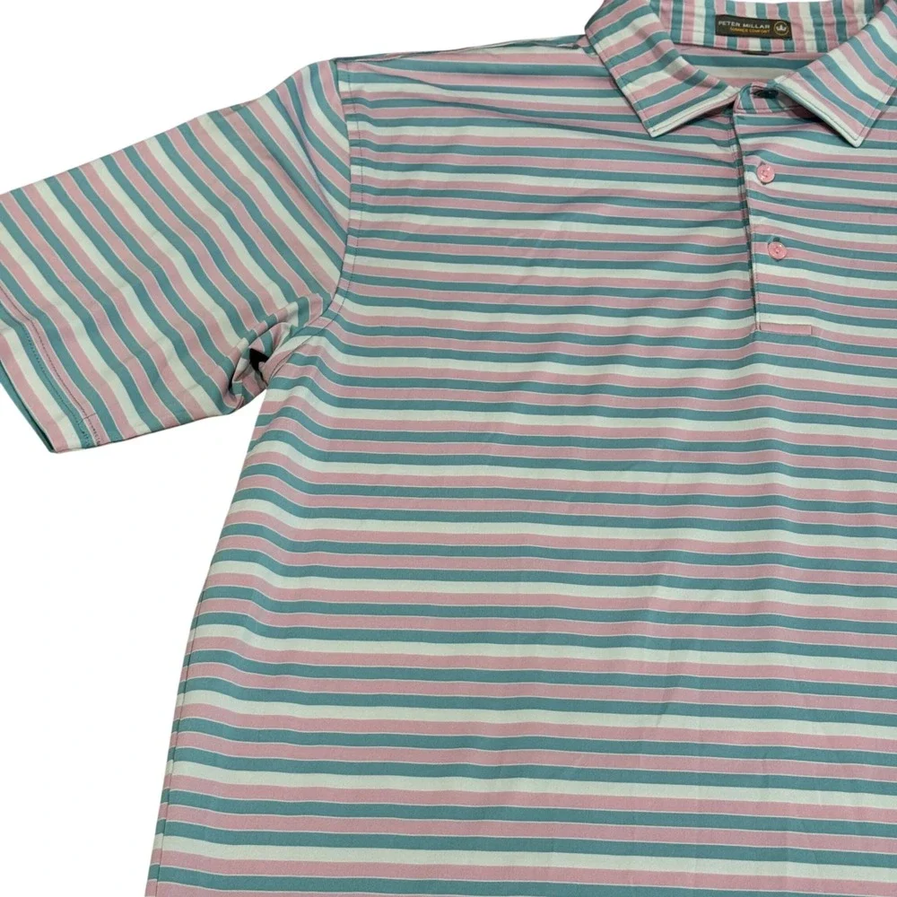 Peter Millar Summer Comfort Men size XL‎ Polo Shirt Pink Blue White Striped Golf